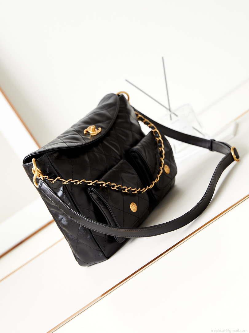 Chanel AS4668 Large Hobo Bag Shiny Calfskin & Gold-Tone Metal Black