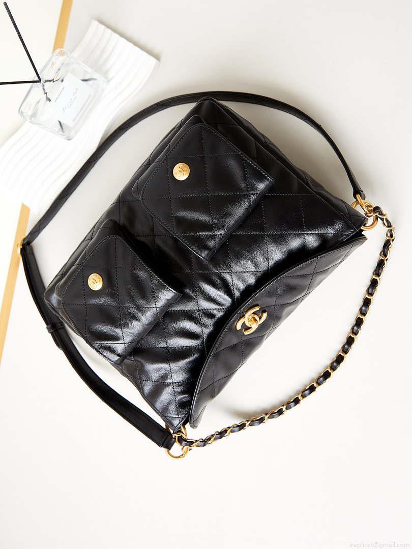 Chanel AS4668 Large Hobo Bag Shiny Calfskin & Gold-Tone Metal Black