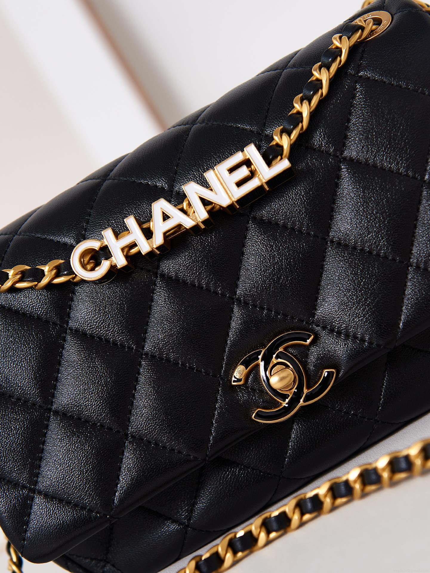Chanel AS4740 Small Flap Bag Lambskin Lacquer & Gold-Tone Metal Black
