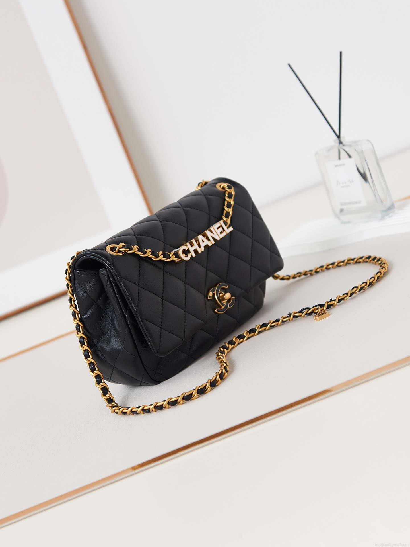 Chanel AS4740 Small Flap Bag Lambskin Lacquer & Gold-Tone Metal Black