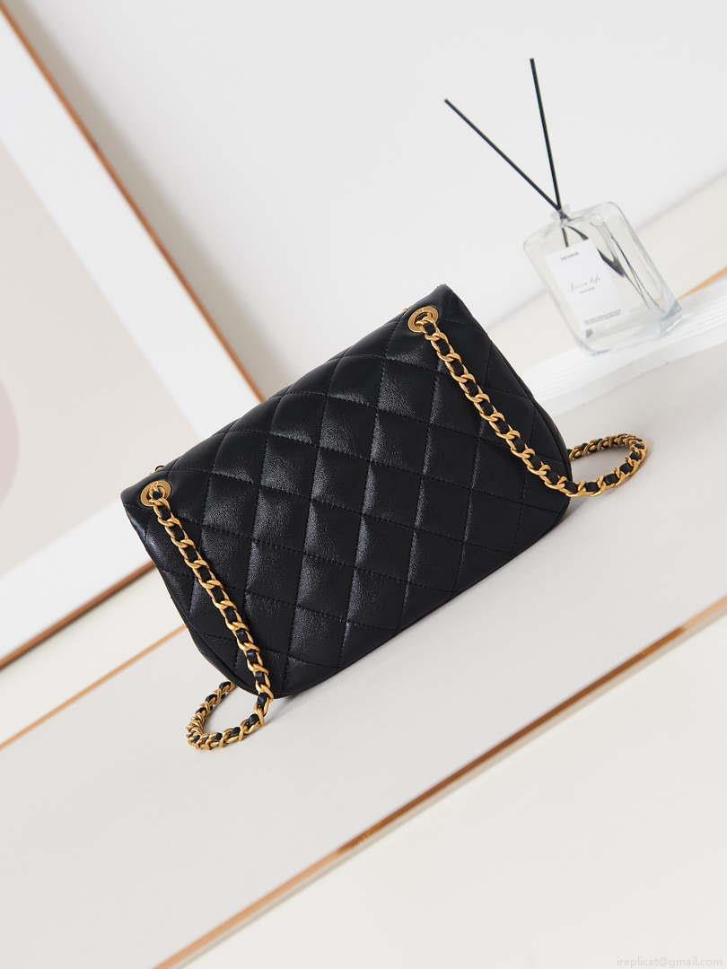 Chanel AS4740 Small Flap Bag Lambskin Lacquer & Gold-Tone Metal Black