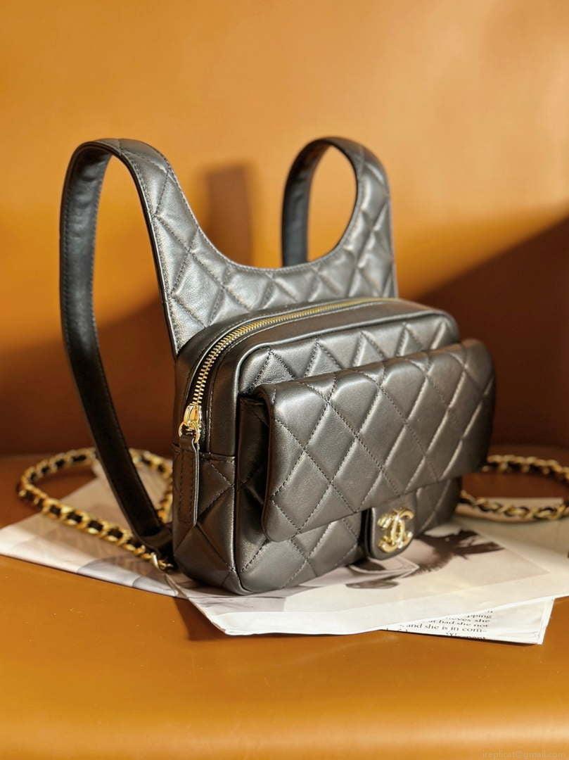 Chanel Backpack Metallic Lambskin & Gold-Tone Metal AS4621 Black
