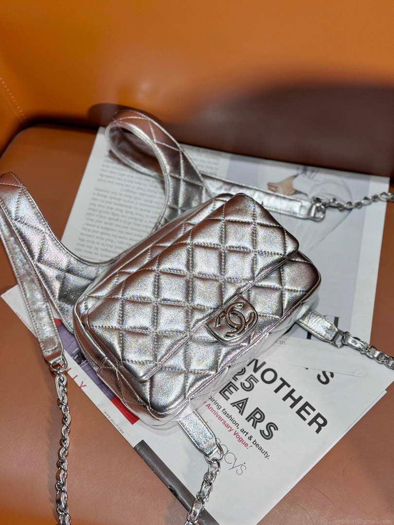 Chanel Backpack Metallic Lambskin & Silver-Tone Metal AS4621 Silver