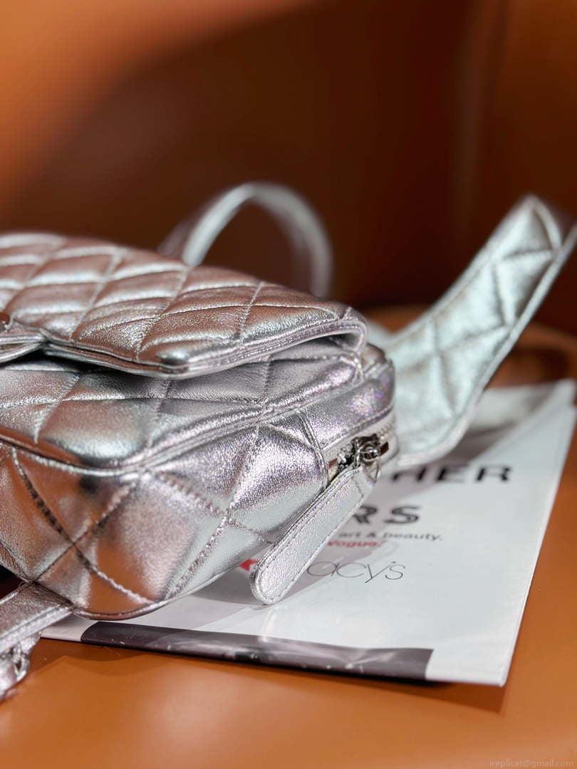 Chanel Backpack Metallic Lambskin & Silver-Tone Metal AS4621 Silver