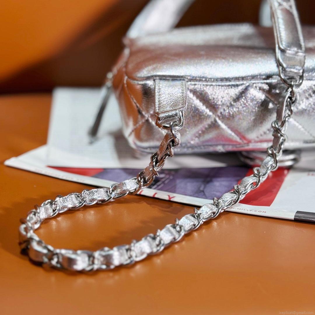 Chanel Backpack Metallic Lambskin & Silver-Tone Metal AS4621 Silver