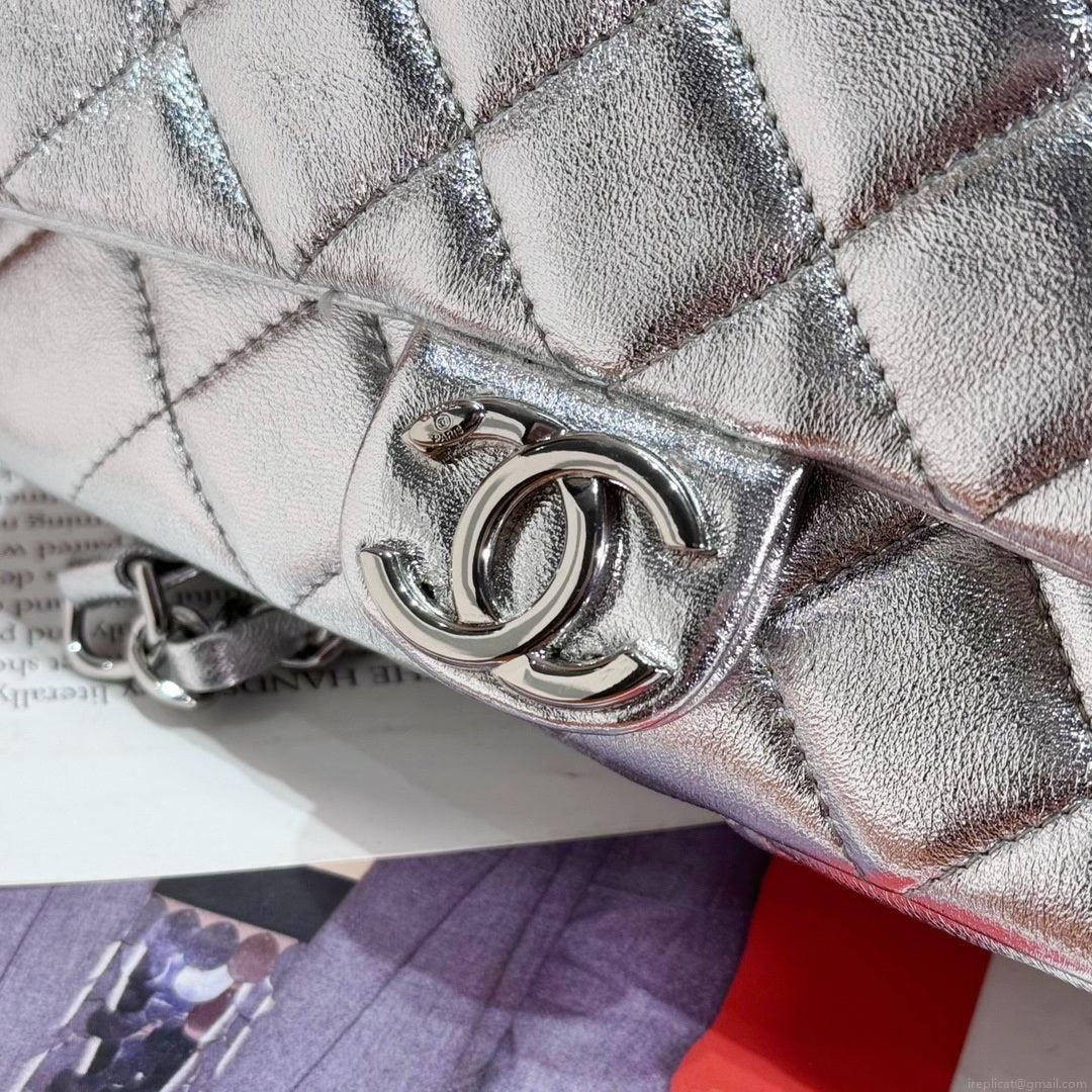 Chanel Backpack Metallic Lambskin & Silver-Tone Metal AS4621 Silver
