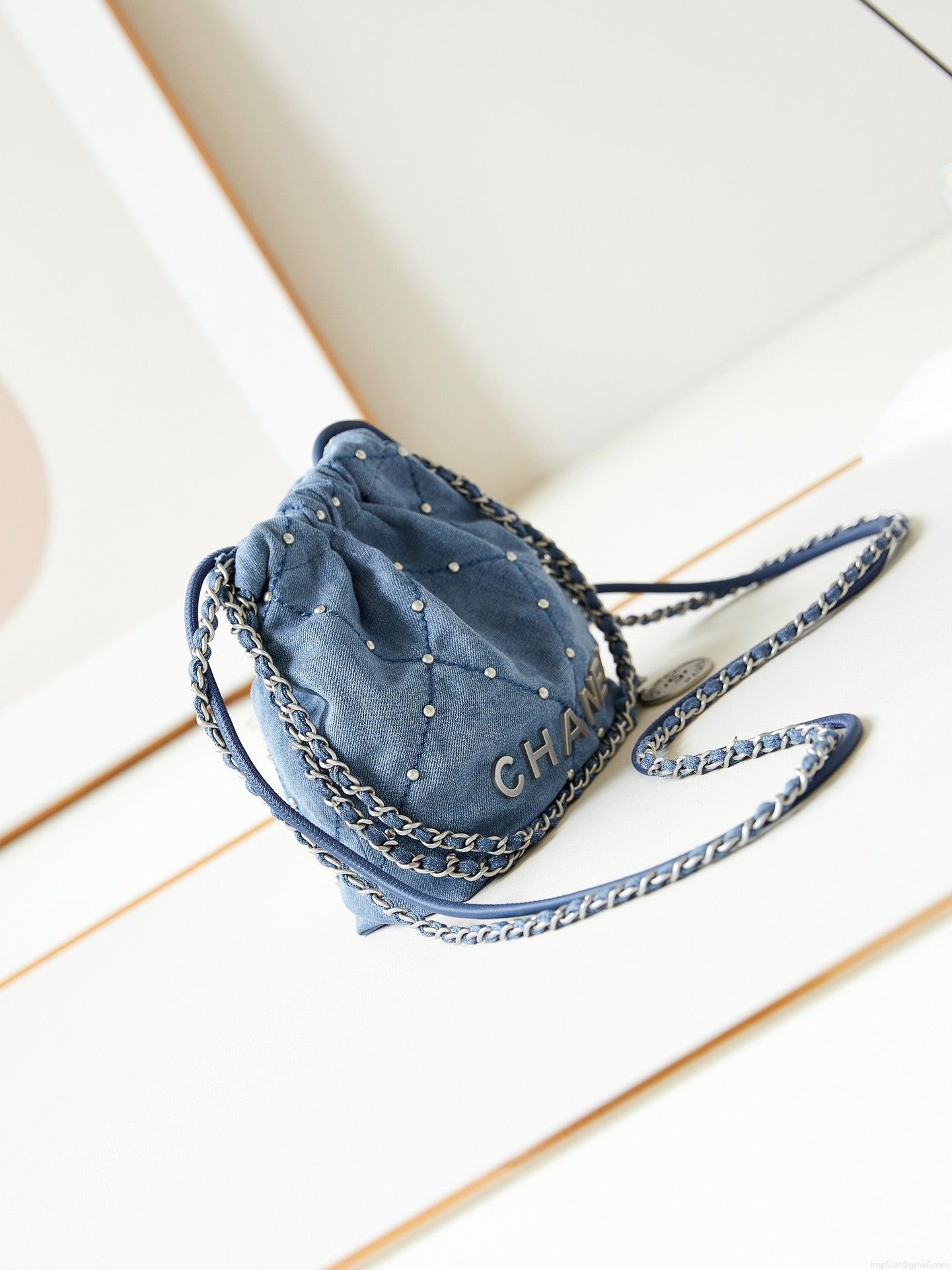 Chanel 22 Mini Handbag AS3980 Washed Denim & Silver-Tone Metal Blue