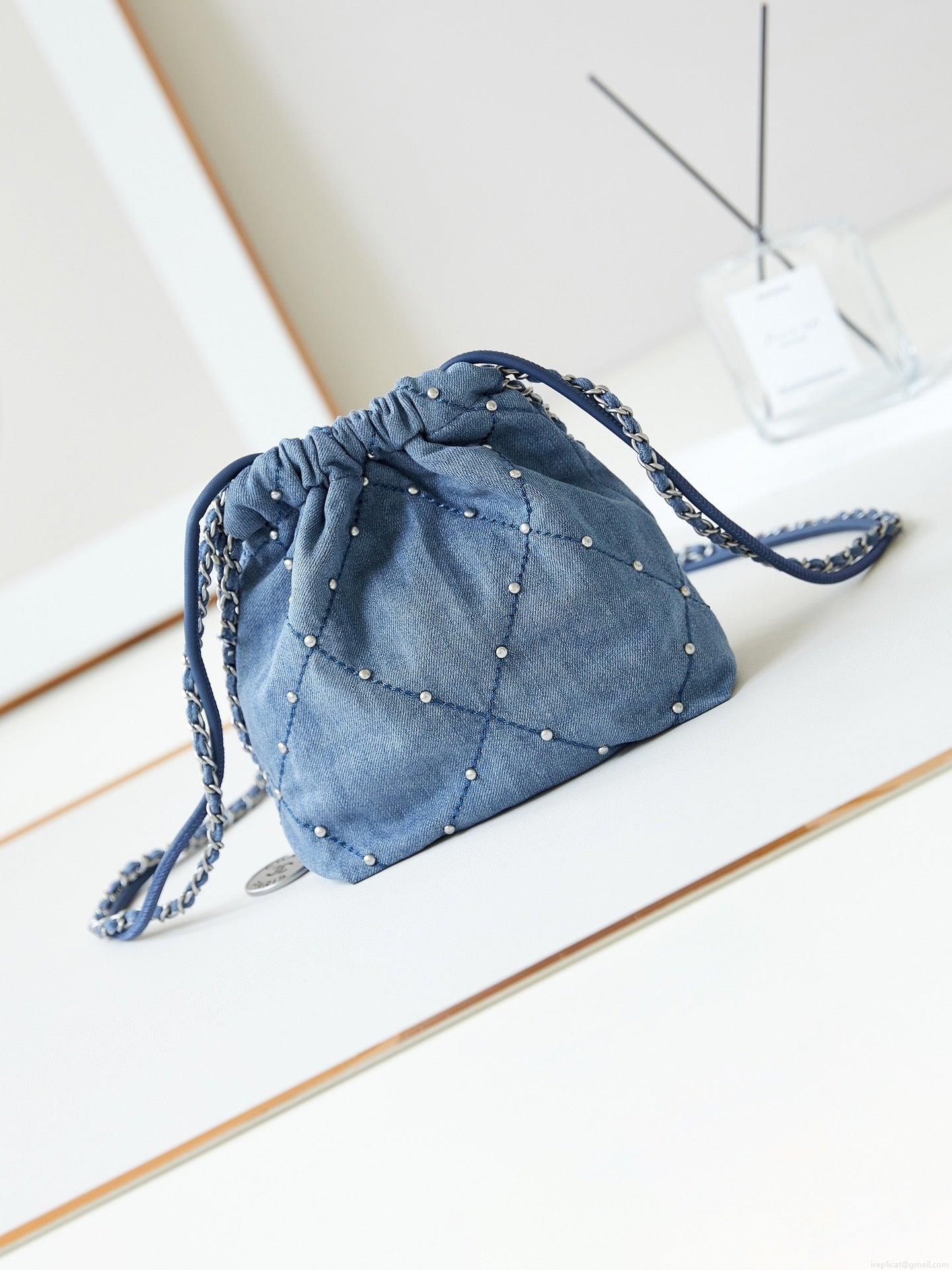 Chanel 22 Mini Handbag AS3980 Washed Denim & Silver-Tone Metal Blue