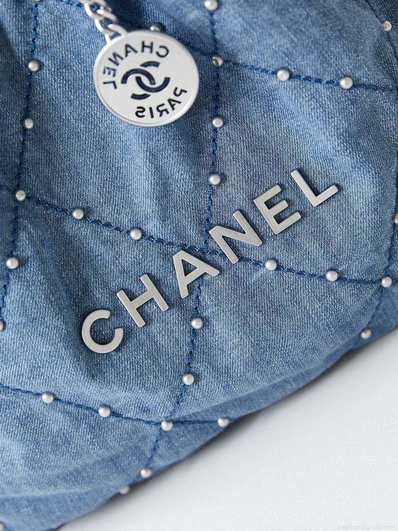 Chanel 22 Small Handbag Washed Denim & Silver-Tone Metal AS3260 Blue