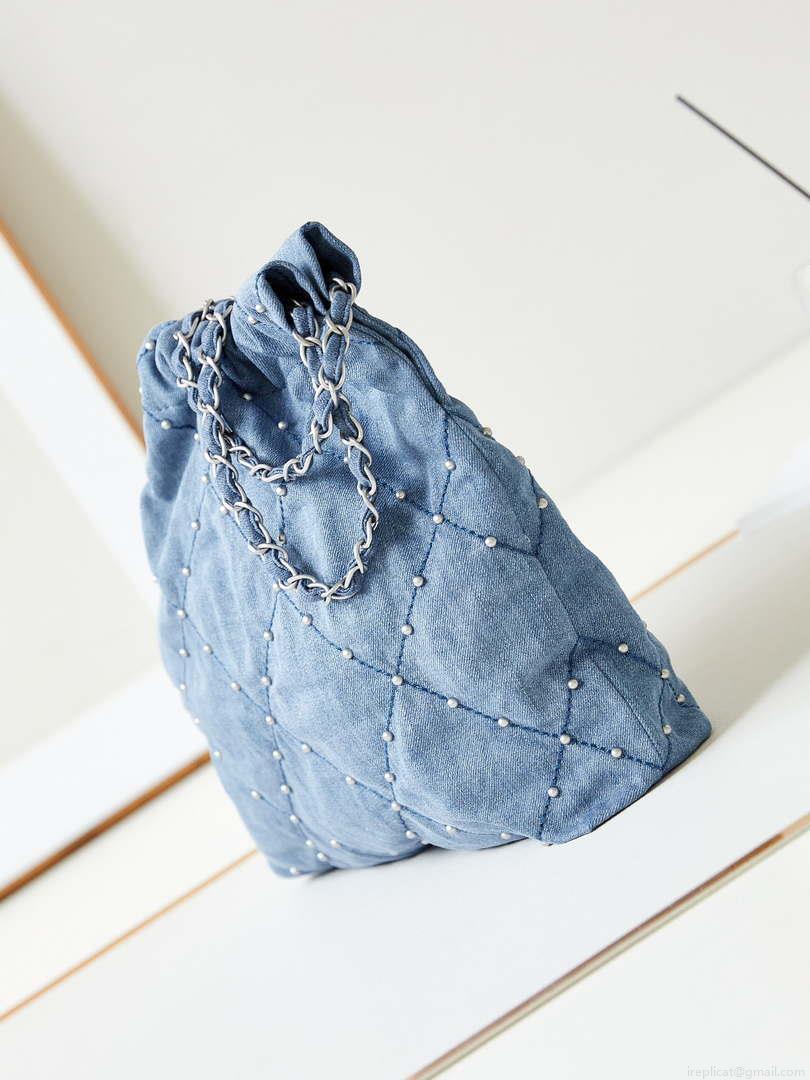 Chanel 22 Small Handbag Washed Denim & Silver-Tone Metal AS3260 Blue