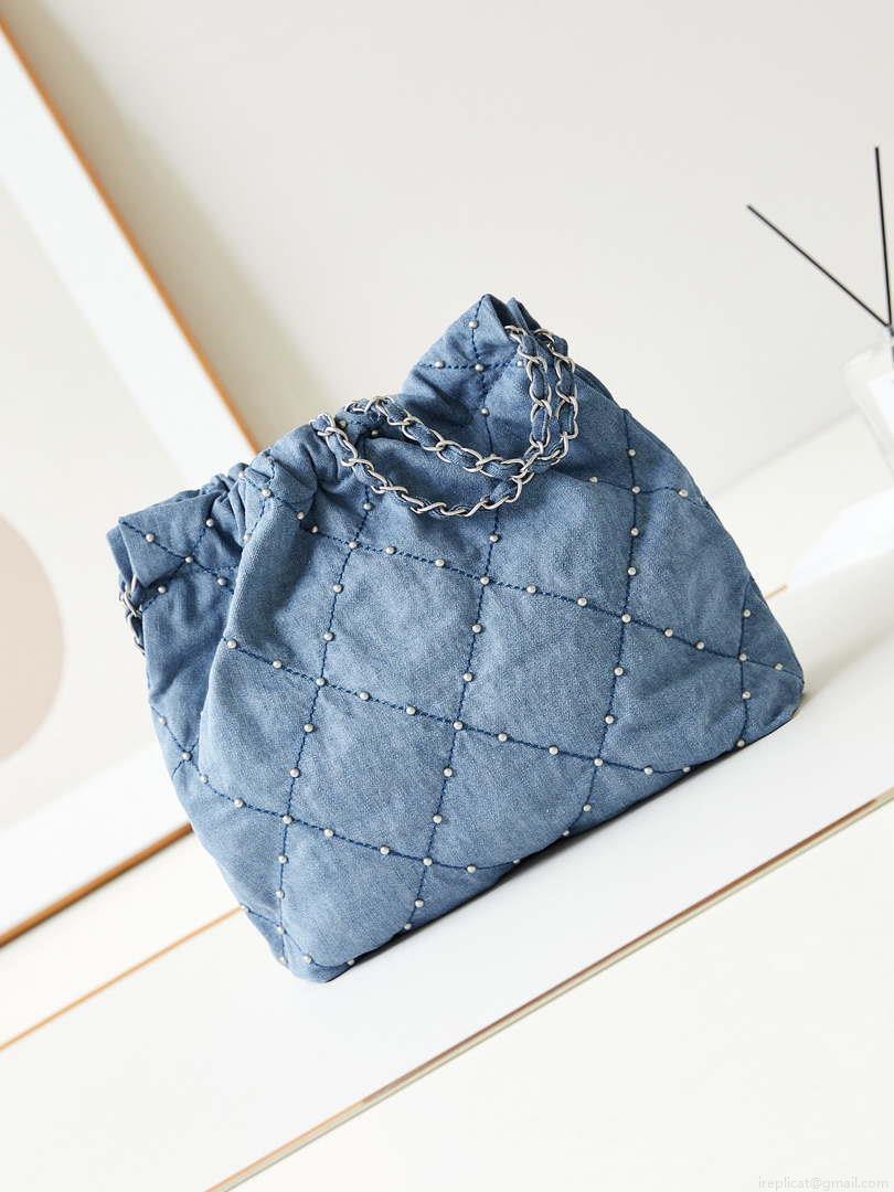 Chanel 22 Small Handbag Washed Denim & Silver-Tone Metal AS3260 Blue