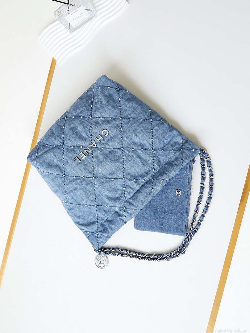 Chanel 22 Small Handbag Washed Denim & Silver-Tone Metal AS3260 Blue