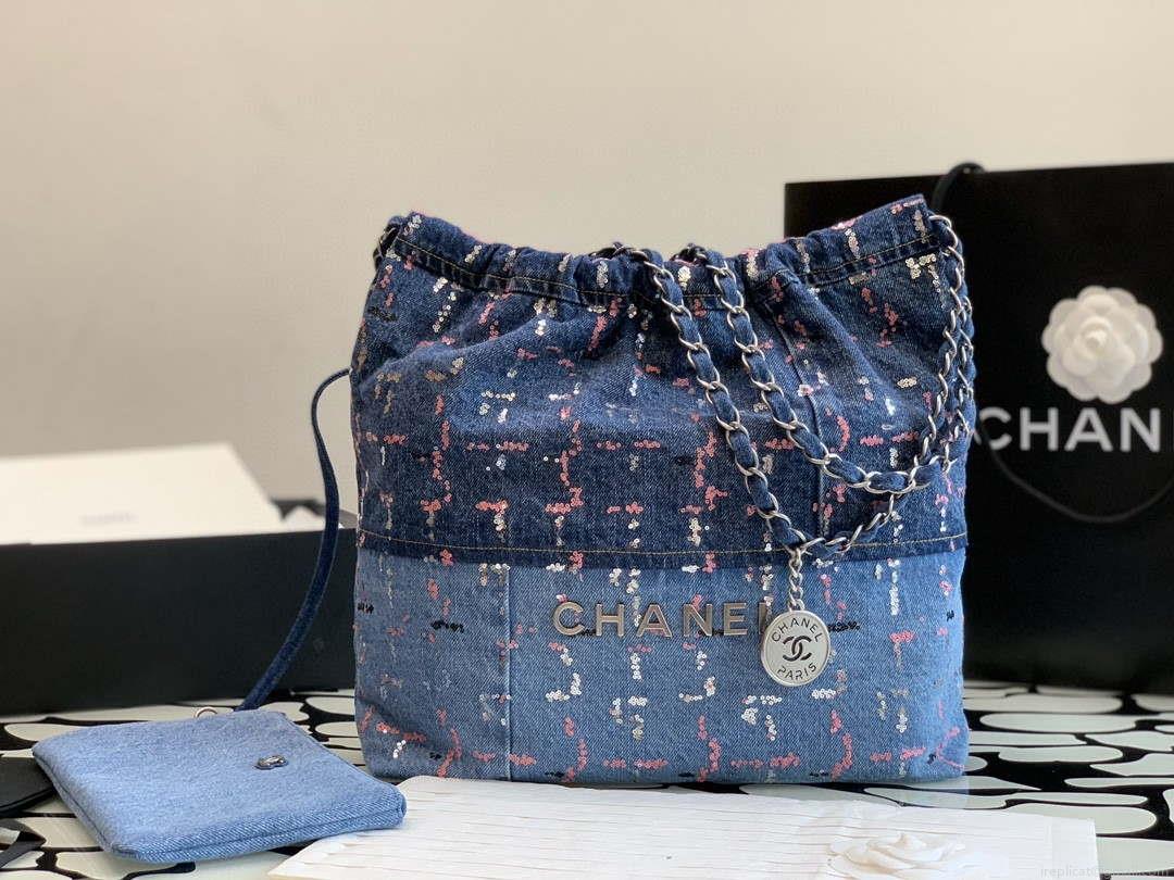 Chanel 22 Small Handbag Denim & Silver-Tone Metal AS3260 Blue Multicolor