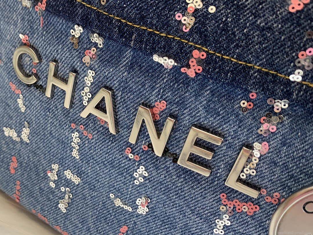 Chanel 22 Small Handbag Denim & Silver-Tone Metal AS3260 Blue Multicolor
