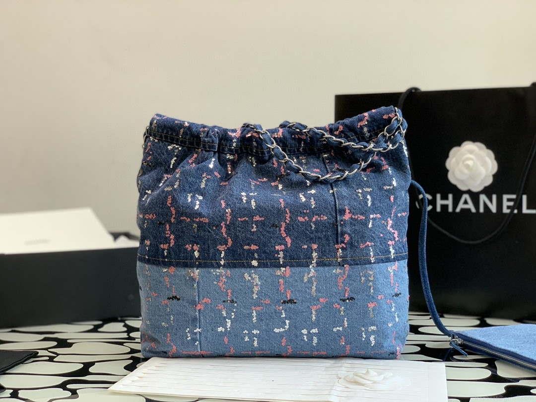 Chanel 22 Small Handbag Denim & Silver-Tone Metal AS3260 Blue Multicolor