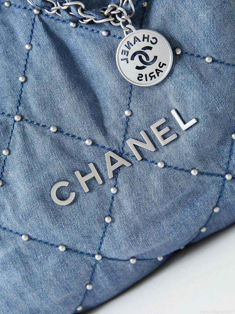 Chanel 22 Handbag Washed Denim & Silver-Tone Metal AS3261 Blue
