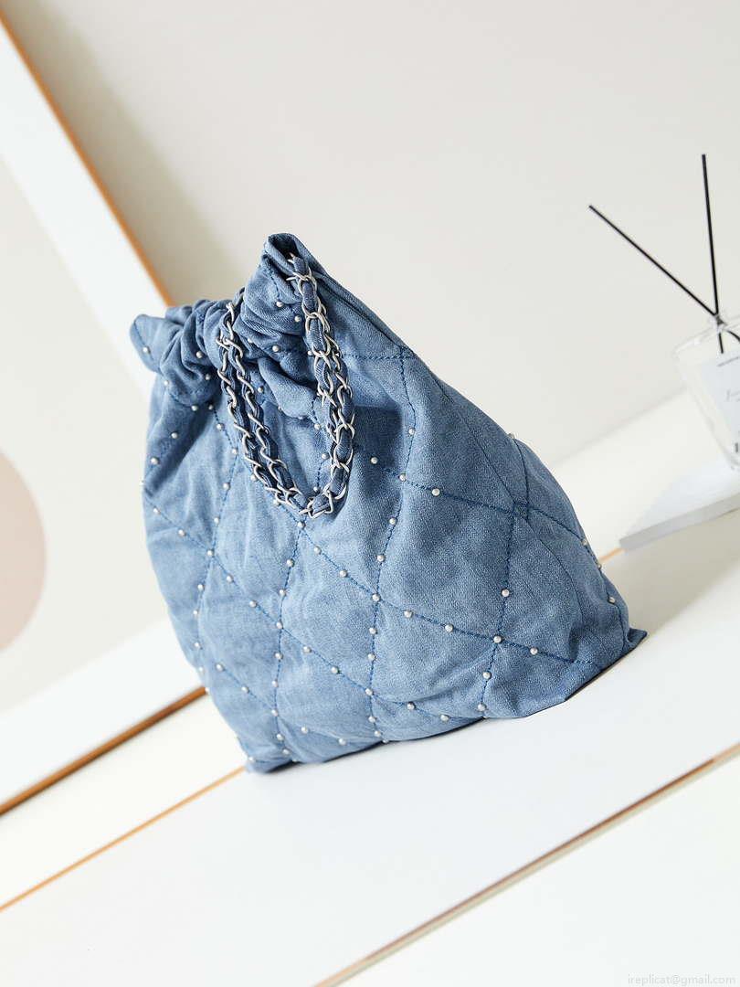 Chanel 22 Handbag Washed Denim & Silver-Tone Metal AS3261 Blue