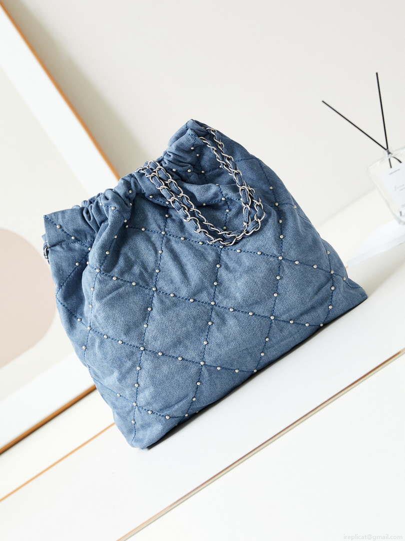 Chanel 22 Handbag Washed Denim & Silver-Tone Metal AS3261 Blue