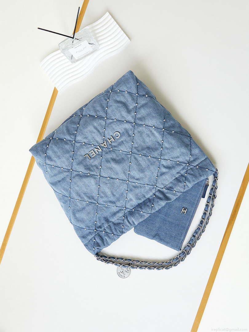 Chanel 22 Handbag Washed Denim & Silver-Tone Metal AS3261 Blue