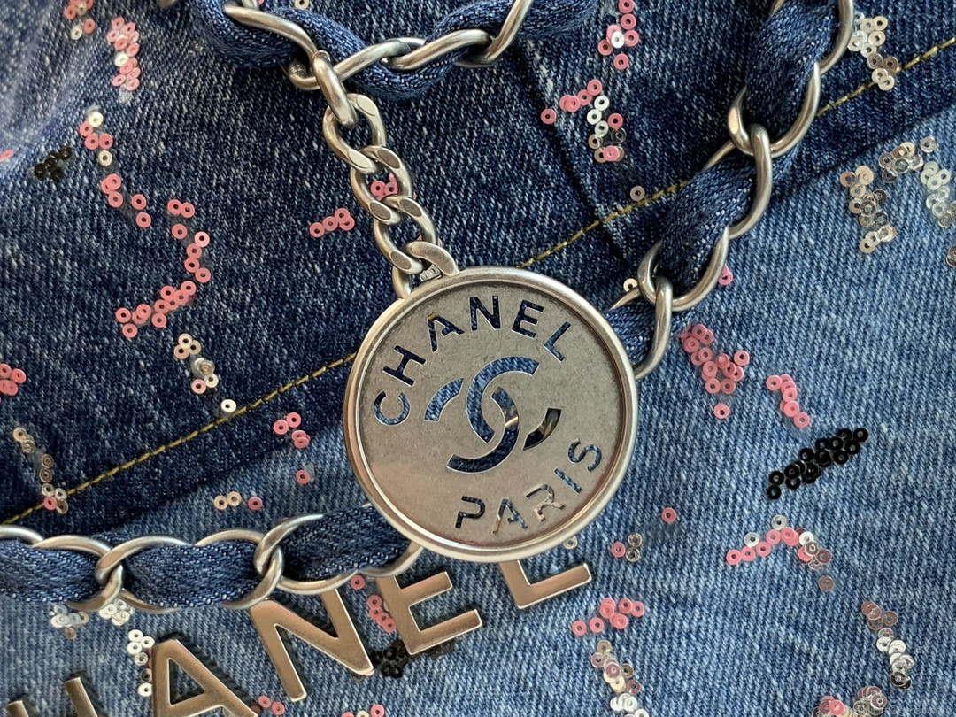 Chanel AS3261 22 Handbag Washed Denim & Silver-Tone Metal Blue Multicolor