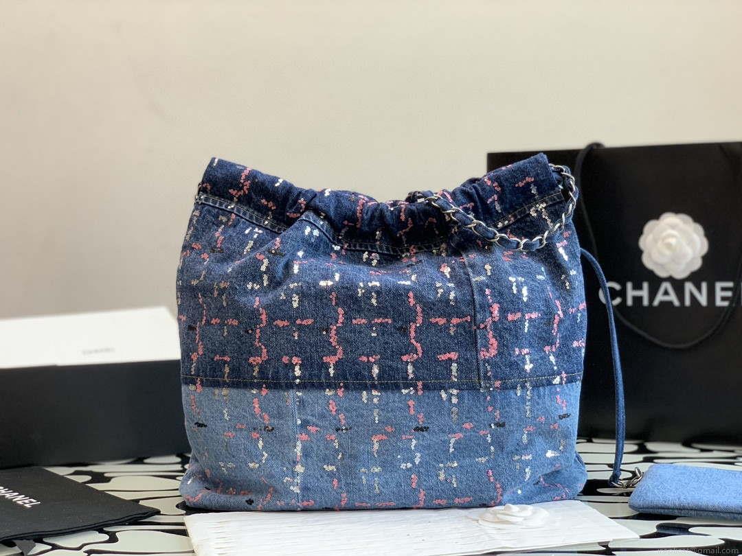 Chanel AS3261 22 Handbag Washed Denim & Silver-Tone Metal Blue Multicolor