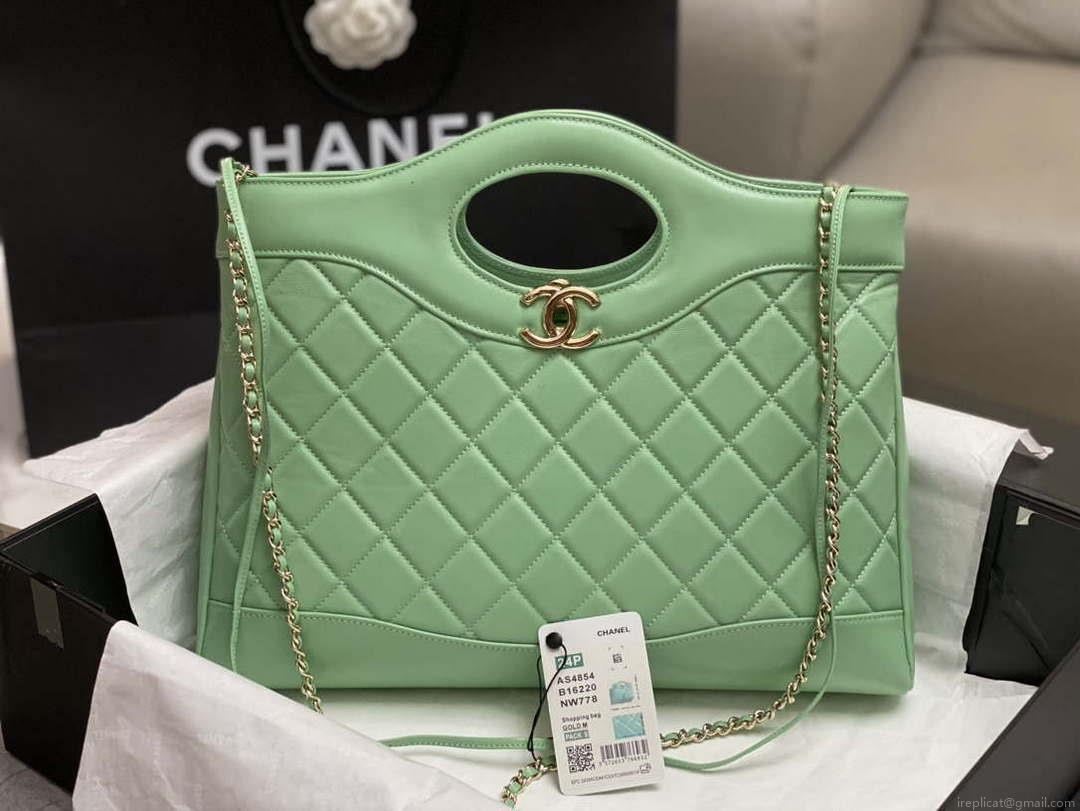 Chanel AS4854 Shopping Bag Shiny Lambskin & Gold-Tone Metal Green