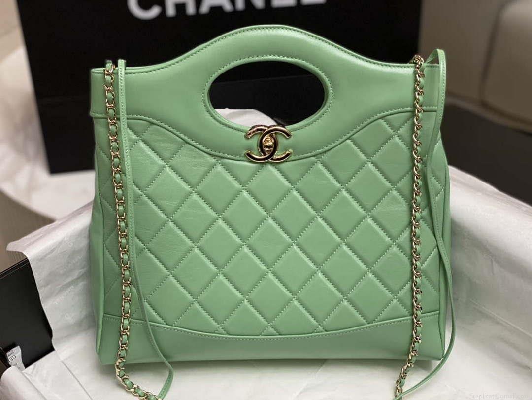 Chanel AS4853 Shopping Bag Shiny Lambskin & Gold-Tone Metal Green