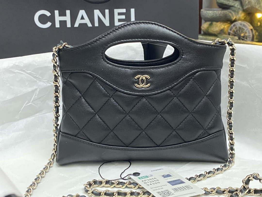 Chanel AP3656 Small Shopping Bag Shiny Lambskin & Gold-Tone Metal Black