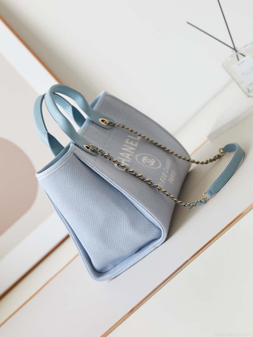 Chanel AS3257 Small Shopping Bag Mixed Fibers Calfskin & Gold-Tone Metal Ligth Blue