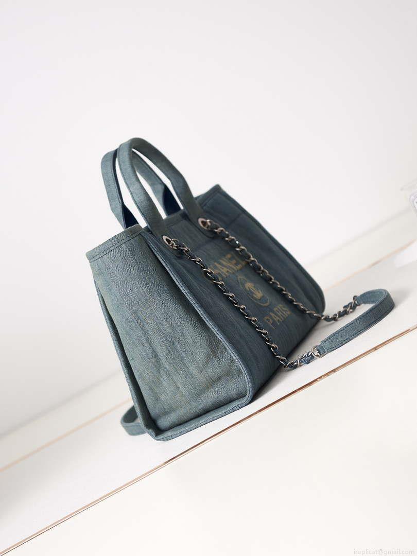 Chanel AS3257 Small Shopping Bag Mixed Fibers Calfskin & Gold-Tone Metal Navy Blue