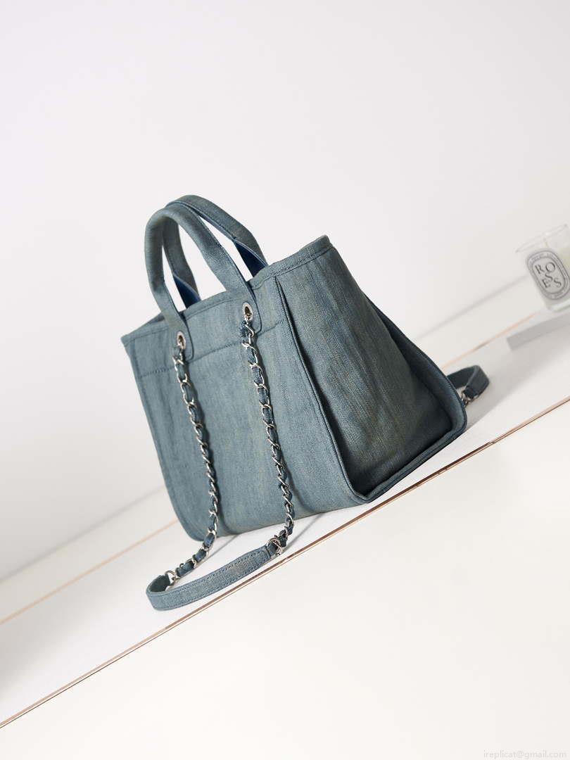 Chanel AS3257 Small Shopping Bag Mixed Fibers Calfskin & Gold-Tone Metal Navy Blue