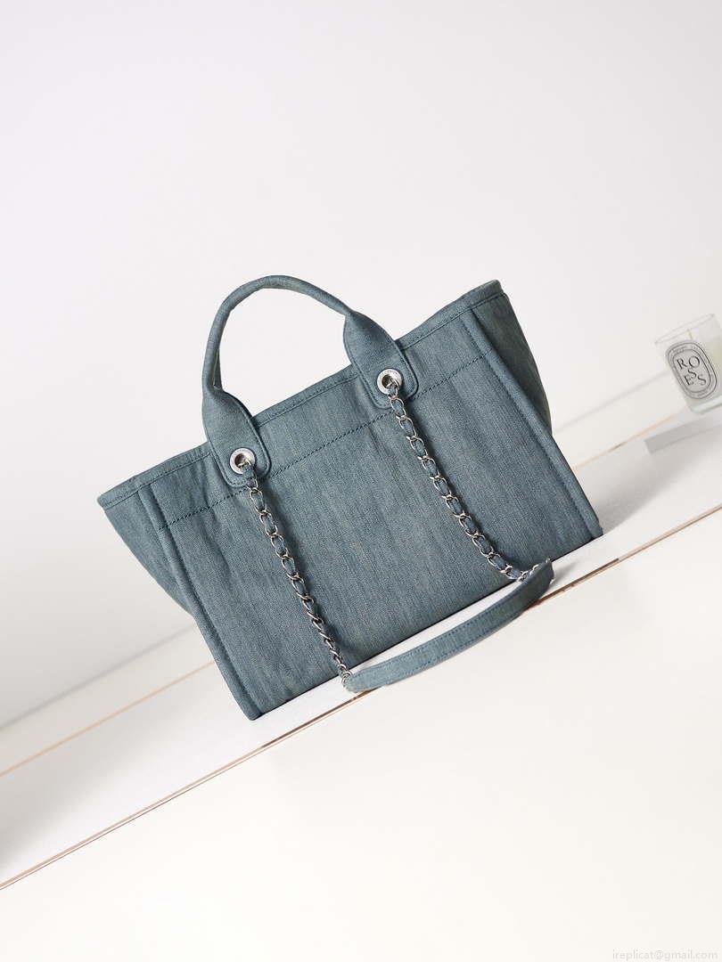 Chanel AS3257 Small Shopping Bag Mixed Fibers Calfskin & Gold-Tone Metal Navy Blue