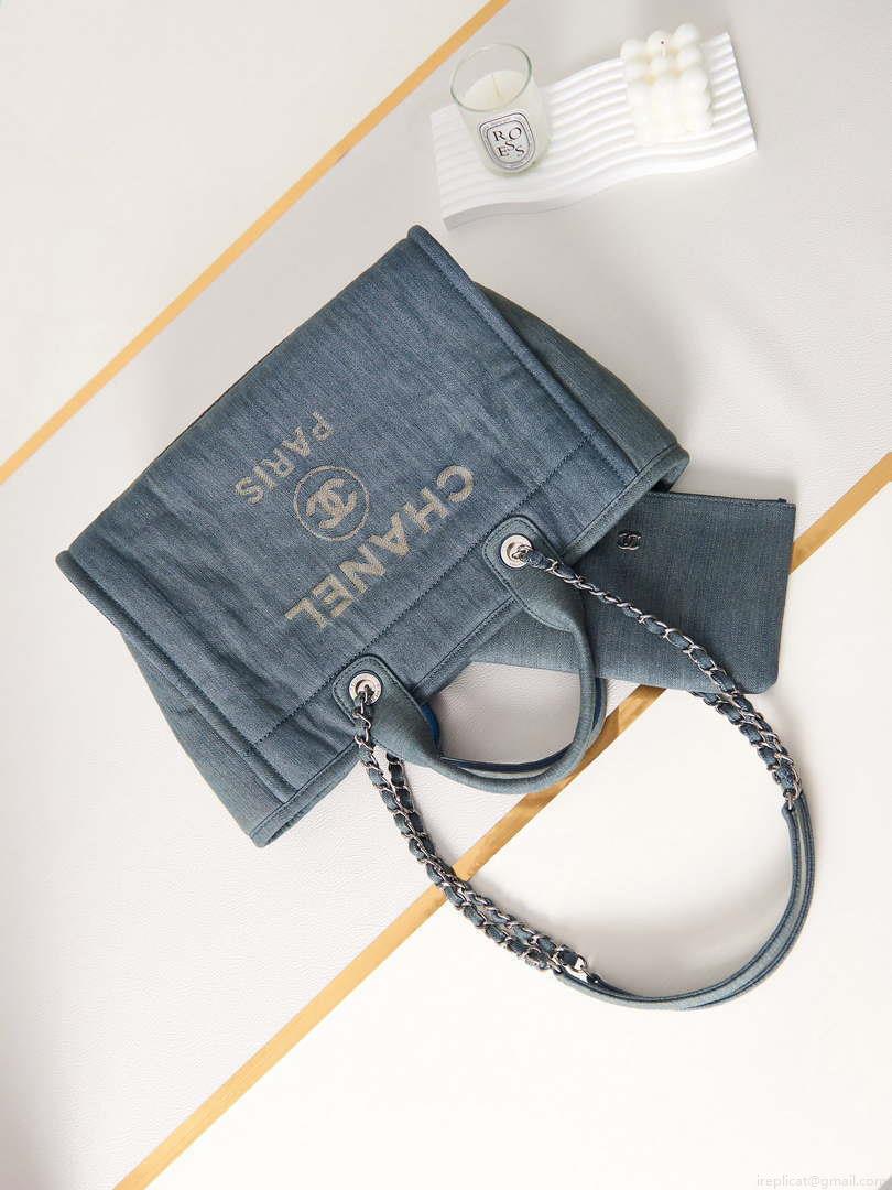 Chanel AS3257 Small Shopping Bag Mixed Fibers Calfskin & Gold-Tone Metal Navy Blue