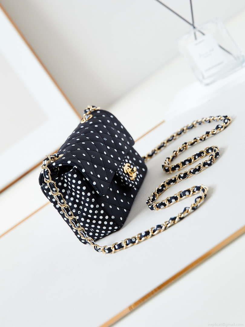 Chanel A69900 24P Mini Flap Black Fabric Printed with white raindrops AS1116