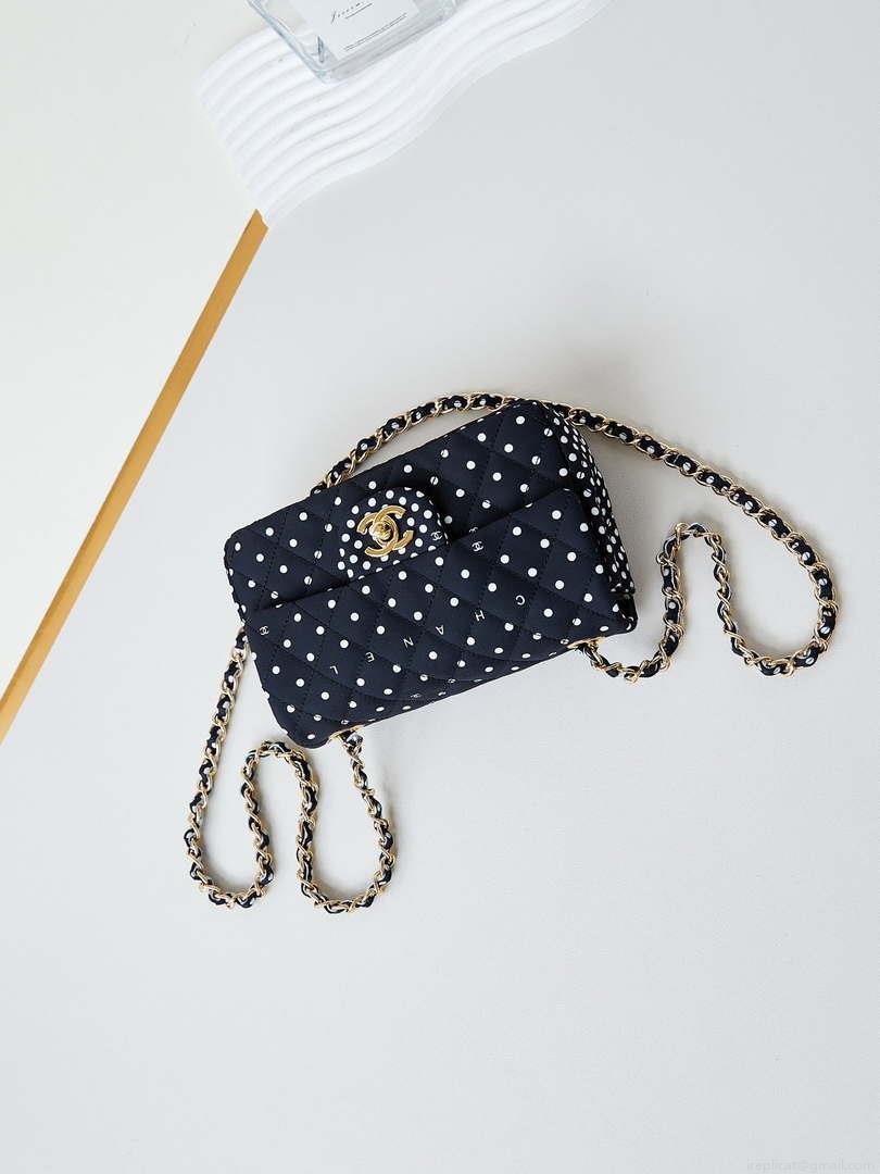 Chanel A69900 24P Mini Flap Black Fabric Printed with white raindrops AS1116