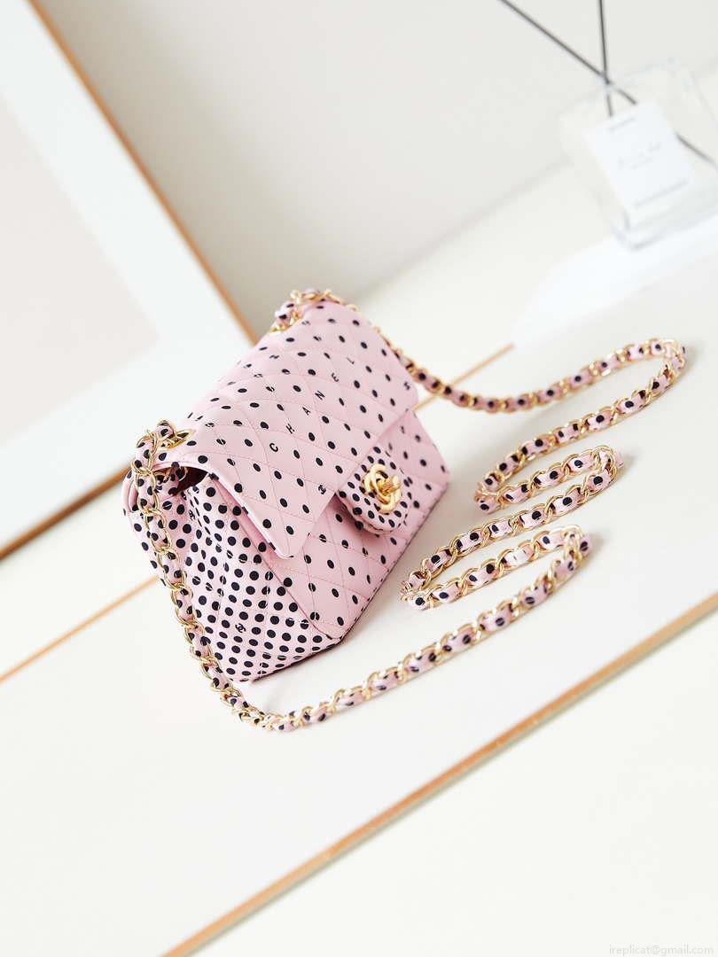 Chanel A69900 24P Mini Flap Pink Fabric Printed with white raindrops AS1116