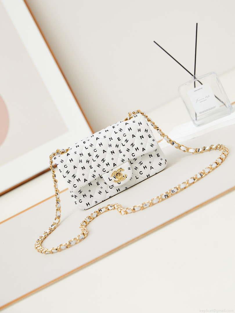 Chanel A69900 Mini Flap White Lambskin Printed AS1116 with Black CC logo