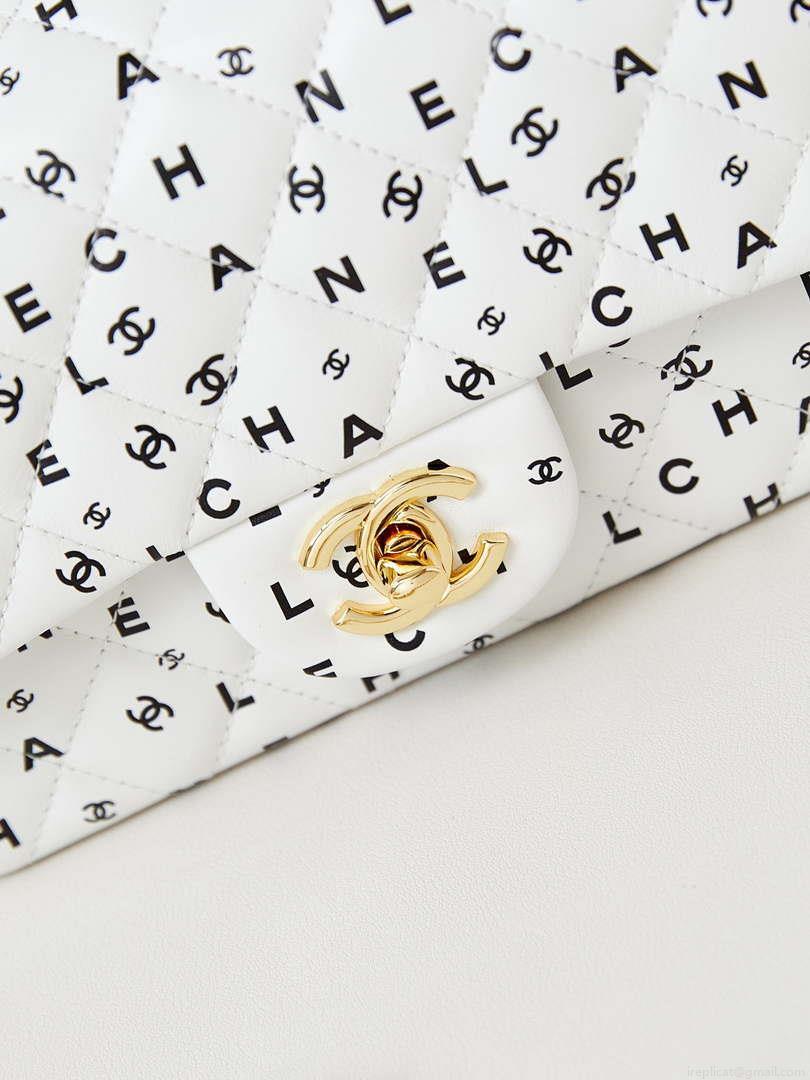 Chanel A69900 Mini Flap White Lambskin Printed AS1116 with Black CC logo