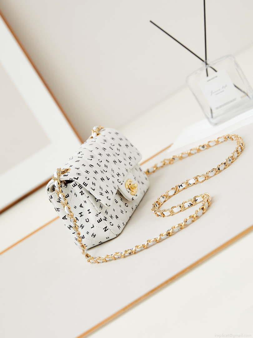 Chanel A69900 Mini Flap White Lambskin Printed AS1116 with Black CC logo