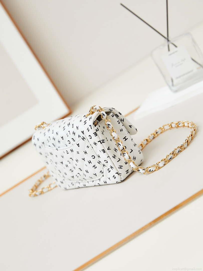 Chanel A69900 Mini Flap White Lambskin Printed AS1116 with Black CC logo