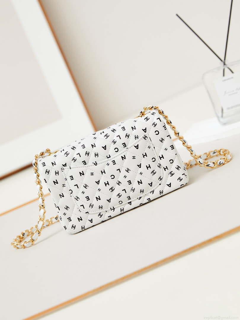 Chanel A69900 Mini Flap White Lambskin Printed AS1116 with Black CC logo