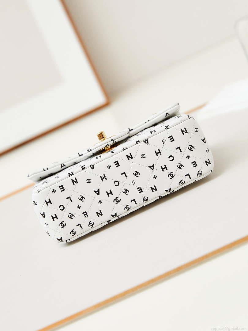 Chanel A69900 Mini Flap White Lambskin Printed AS1116 with Black CC logo