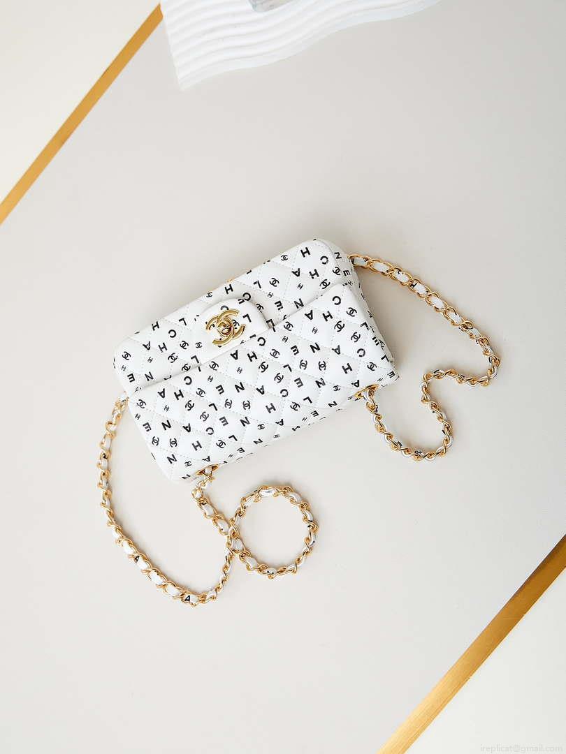 Chanel A69900 Mini Flap White Lambskin Printed AS1116 with Black CC logo