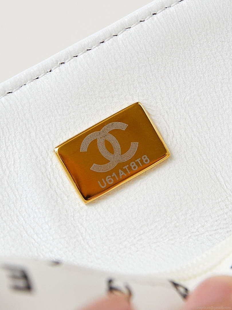 Chanel A69900 Mini Flap White Lambskin Printed AS1116 with Black CC logo