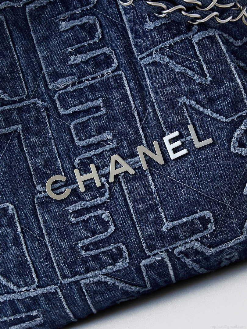 Chanel 22 AS3260 Small Handbag 24A Denim embroidered & Silver-Tone Metal