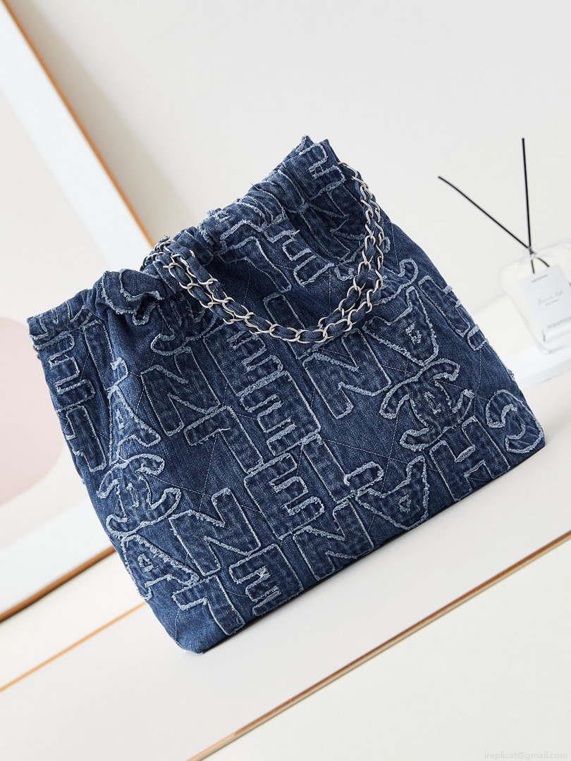 Chanel 22 AS3261 Handbag 24A Denim embroidered & Silver-Tone Metal
