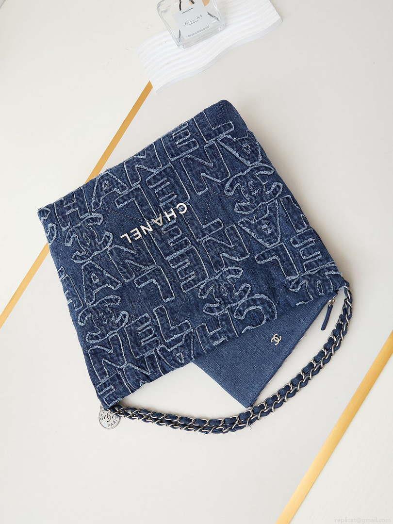 Chanel 22 AS3261 Handbag 24A Denim embroidered & Silver-Tone Metal