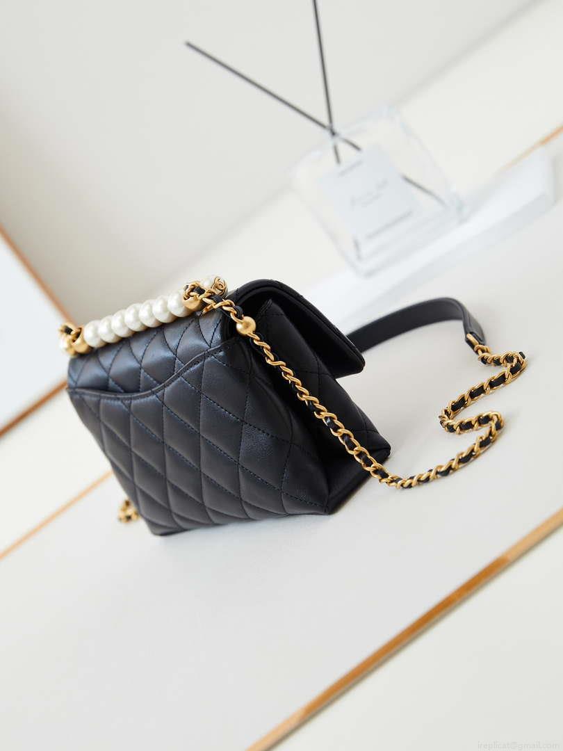 Chanel AS5001 Mini Flap Bag with top Handle Shiny Lambskin Imitation Pearls & Gold-Tone Metal Black