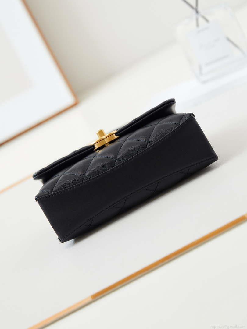 Chanel AS5001 Mini Flap Bag with top Handle Shiny Lambskin Imitation Pearls & Gold-Tone Metal Black