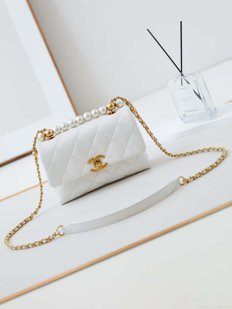 Chanel AS5001 Mini Flap Bag with top Handle Shiny Lambskin Imitation Pearls & Gold-Tone Metal White